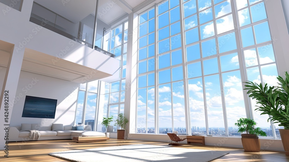 D visualization of a white loft interior with large windows and high ceilings, bright and serene modern home concept
