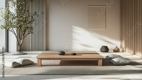 Obraz na płótnie D rendering of minimal Japanese room with low wooden table and floor pillows, clean lines and tatami-style flooring w salonie