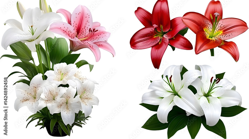 Isolated Floral Arrangements of Lily Flowers with White Pink and Red Blooms Isolated Floral Arrangements of Lily Flowers with White Pink and Red Blooms