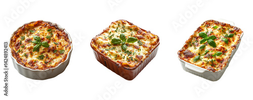 Obraz na płótnie Delicious Baked Dishes with Cheese and Herbs on Transparent Background w salonie