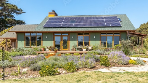 A green home with solar panel rooftop, drought-tolerant garden, and large windows welcoming in natural daylight