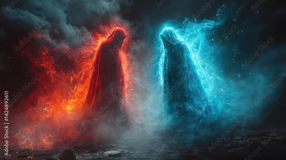Two hooded figures, one engulfed in fiery red flames, the other in icy blue, stand amidst a stormy, smoky landscape Two hooded figures, one engulfed in fiery red flames, the other in icy blue, stand amidst a stormy, smoky landscape
