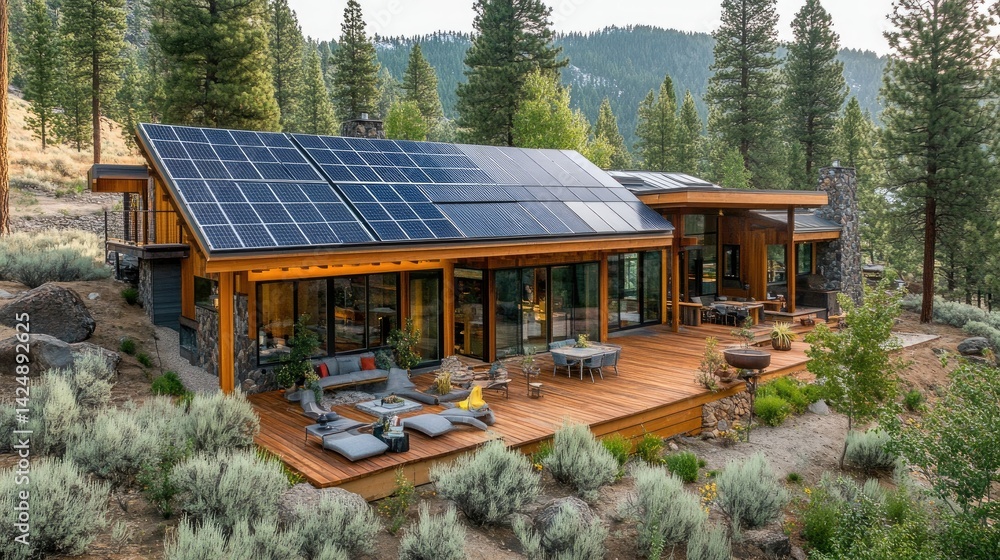 A modern sustainable home surrounded by native vegetation, with solar energy panels and large open windows for passive solar lighting