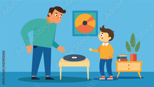 A boy stands on his tiptoes trying to peer into the grooves of a vinyl record as his father explains the concept of sound waves and how they are Vector illustration