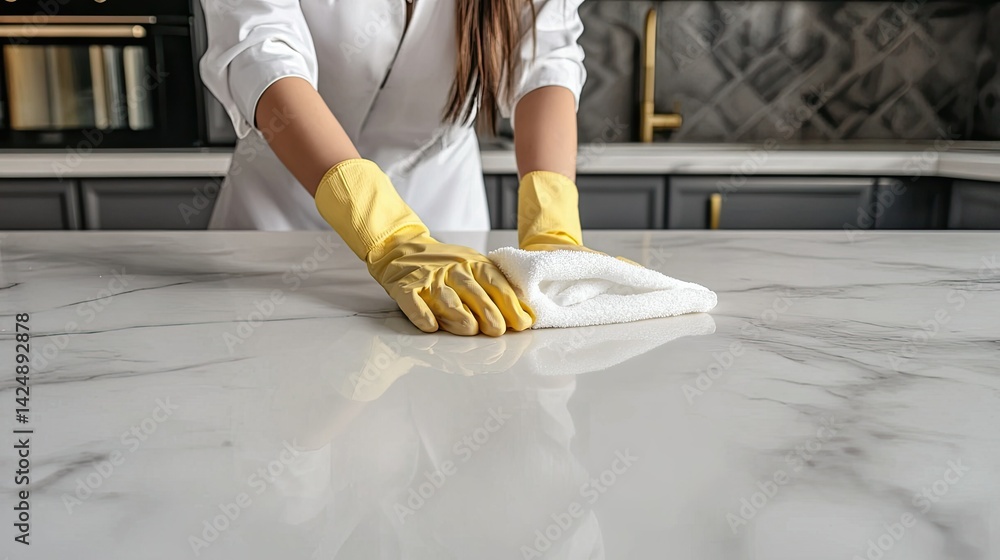 Anonymous woman in cleaning gear wiping marble sink counter, clean lines, modern bathroom interior