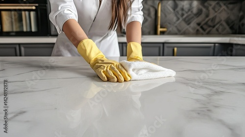 Obraz na płótnie Anonymous woman in cleaning gear wiping marble sink counter, clean lines, modern bathroom interior w salonie