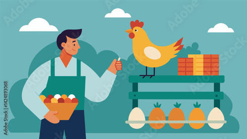 A customer choosing to buy organic and locally sourced eggs from cagefree chickens.. Vector illustration
