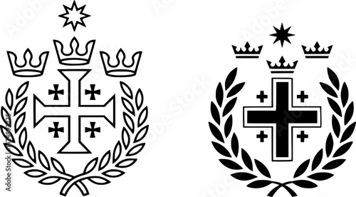 Medieval Jerusalem Cross Emblem with Crowns and Laurel, Sacred Victory Design
