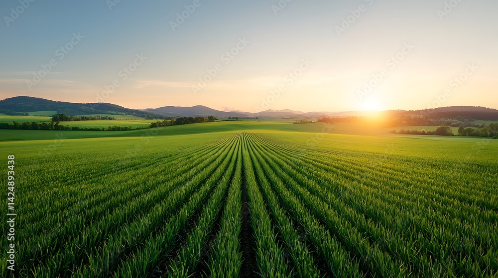 Aerial View of Green Agricultural Fields at Sunrise Aerial View of Green Agricultural Fields at Sunrise