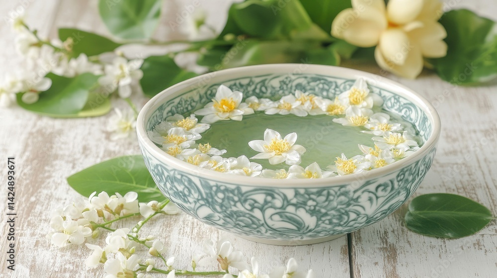 Beautiful Thai scented water bowl for Songkran, decorated with fresh petals, lotus leaves, and jasmine garland on white wood