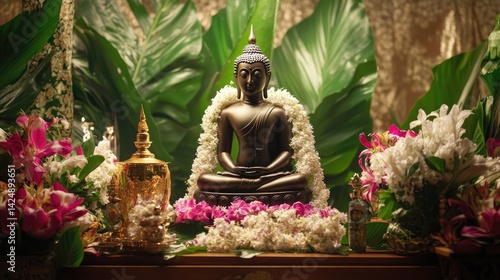 Beautiful scene of Thai New Year ritual, with Buddha statue, floral water, traditional perfume, and jasmine garland