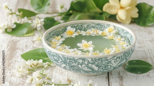 Obraz na płótnie Beautiful Thai scented water bowl for Songkran, decorated with fresh petals, lotus leaves, and jasmine garland on white wood w salonie