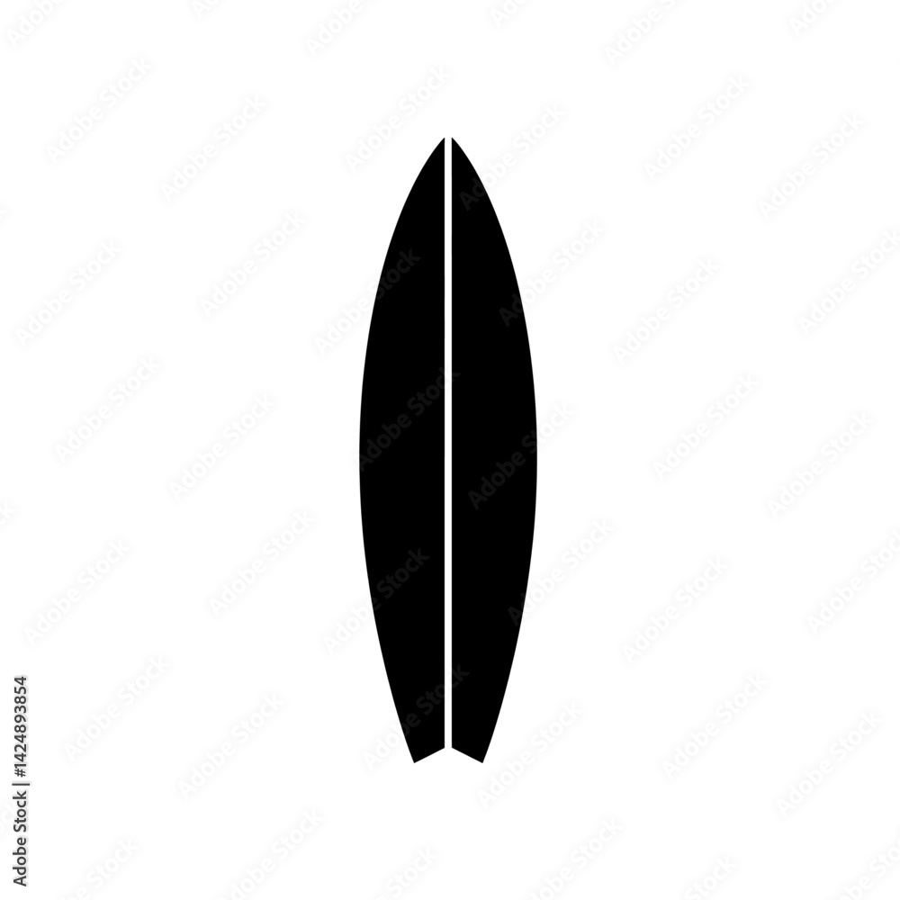 Black silhouette vector icon of a surfboard with narrow body and pointed top used in water sports Black silhouette vector icon of a surfboard with narrow body and pointed top used in water sports