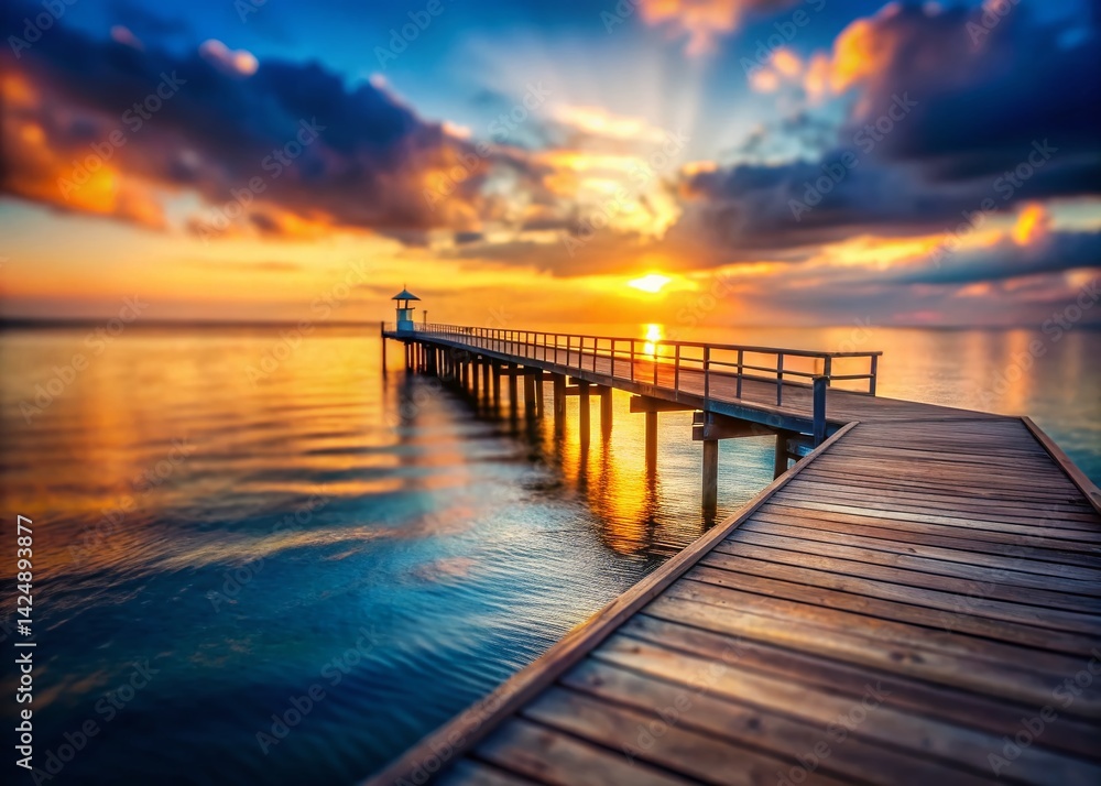 Fototapeta premium Miniature Sunset Pier: Idyllic Coastal Scene at Golden Hour
