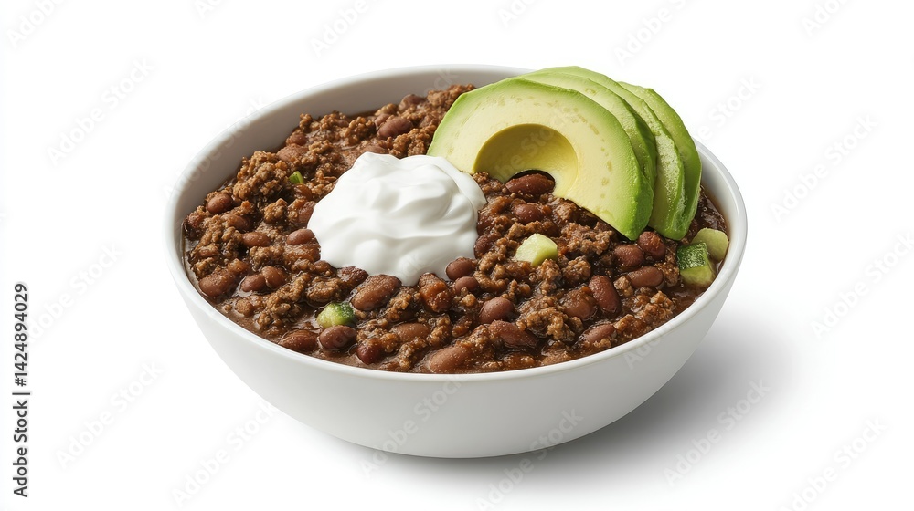 Beef and bean chili in bowl, topped with avocado fan and sour cream dollop, styled in clean top view for stock photography Beef and bean chili in bowl, topped with avocado fan and sour cream dollop, styled in clean top view for stock photography