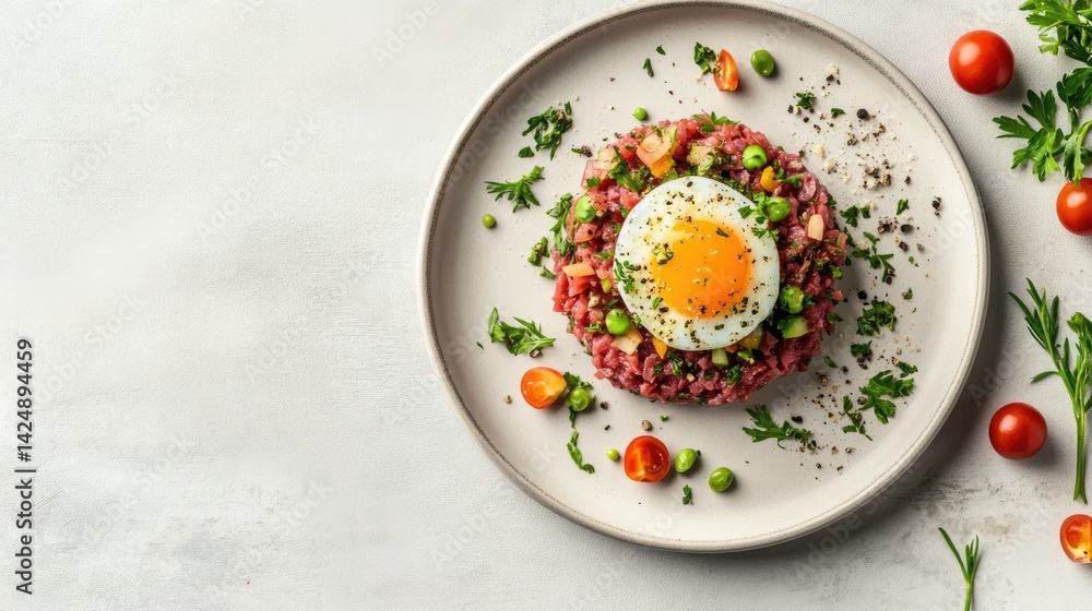 Beef tartare topped with raw egg yolk, served with finely chopped vegetables and herbs, styled on neutral plate from above Beef tartare topped with raw egg yolk, served with finely chopped vegetables and herbs, styled on neutral plate from above