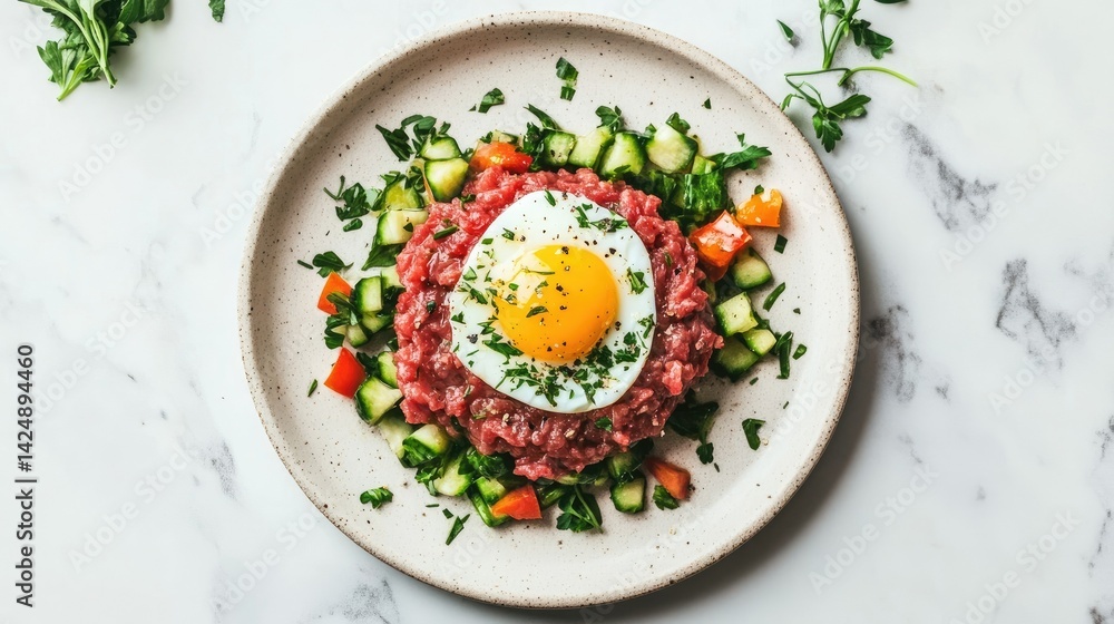 Beef tartare topped with raw egg yolk, served with finely chopped vegetables and herbs, styled on neutral plate from above Beef tartare topped with raw egg yolk, served with finely chopped vegetables and herbs, styled on neutral plate from above