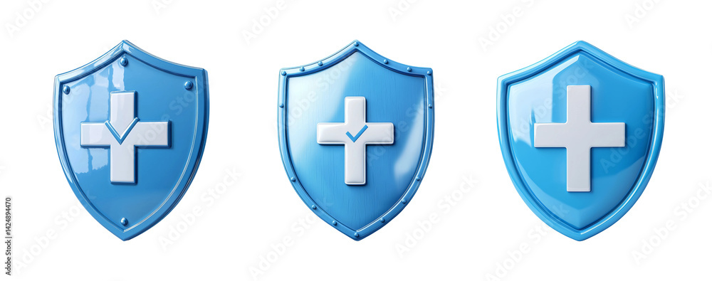 Obraz premium Three Distinct Blue Shield Icons Featuring Health and Safety Symbols