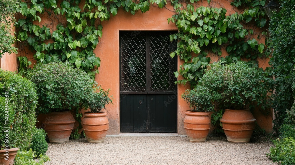 Boho tropical house with climbing greenery, terracotta pots, and a garden gate