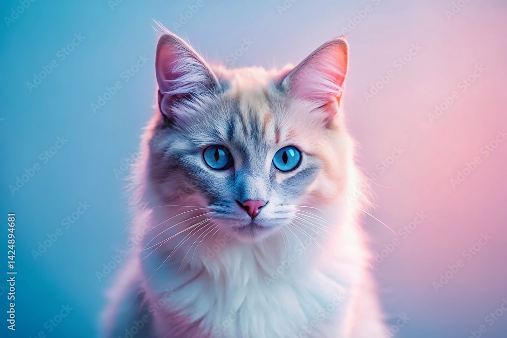 Minimalist Blue and Pink Cat Portrait: Pastel Pet Photography Minimalist Blue and Pink Cat Portrait: Pastel Pet Photography