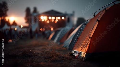 Tents glowing in the evening at a music festival