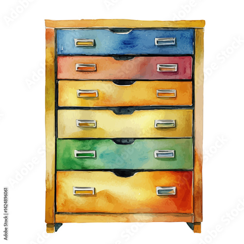 Multi‑drawer file cabinet, watercolor illustration, isolated on a white background.

