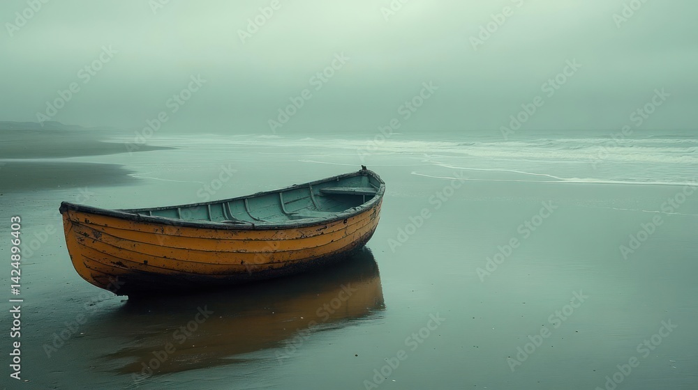Naklejka premium Misty beach scene with a lone yellow boat