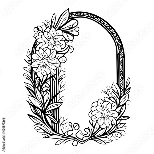 Floral Oval Frame Illustration Black and White