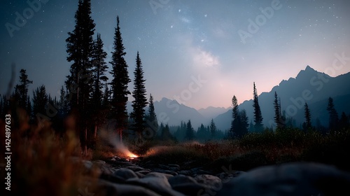 Starry night in the forested mountain wilderness