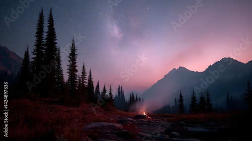 Camping under the starry night sky in a serene forest landscape