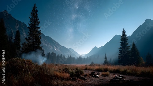 Serene mountain landscape under starry night sky