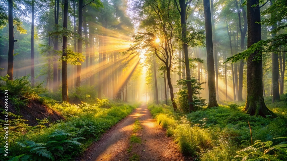 Obraz premium Misty Morning Forest Path, Low Light Nature Photography