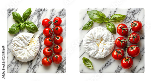 Fresh Tomatoes and Soft Cheese with Basil Leaves on Marble Background