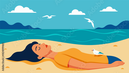 A peaceful scene of a person lying in the sand eyes closed as the sound of the waves and seagulls lull them into a meditative state..