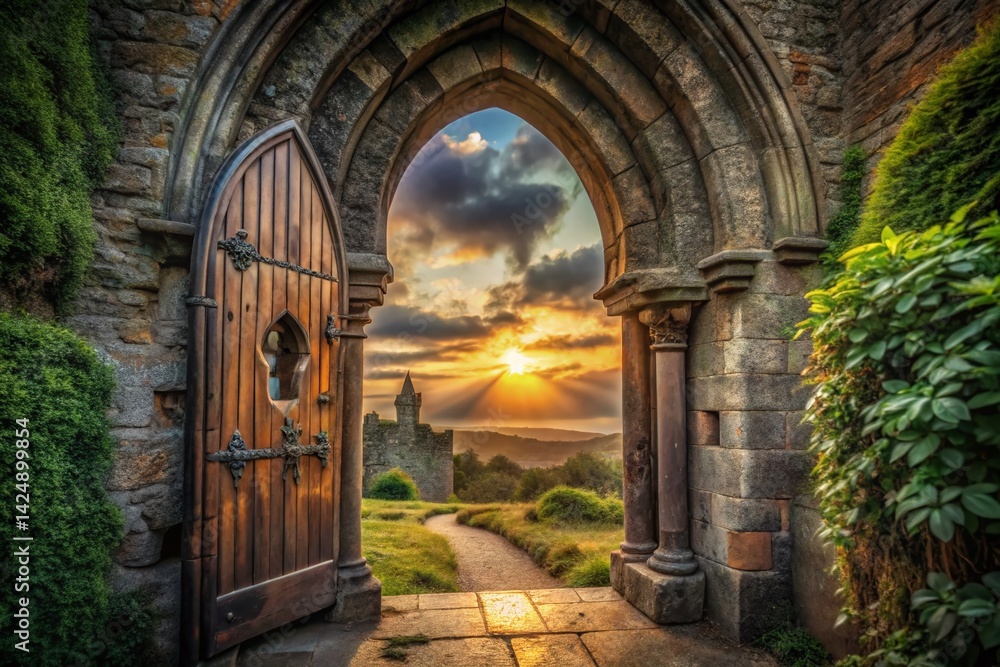 Obraz premium Mysterious Keyhole in Ancient Stone Cathedral Gateway - Unlocking Secrets of Faith