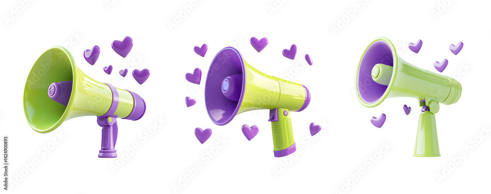 Colorful Megaphones with Hearts on Transparent Background for Events