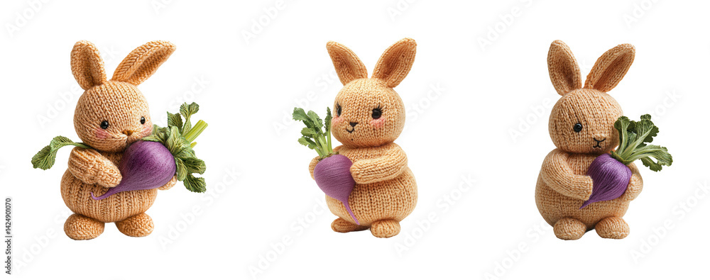 Cute Knitted Bunnies Holding Vegetables on Transparent Background