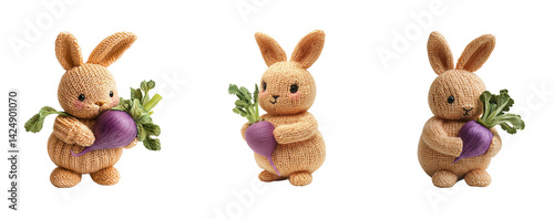 Obraz na płótnie Cute Knitted Bunnies Holding Vegetables on Transparent Background w salonie