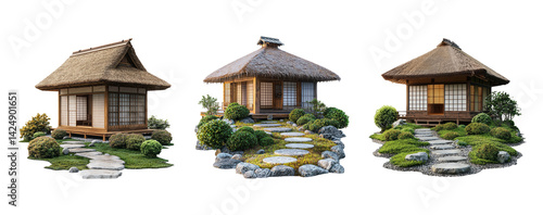 Obraz na płótnie Japanese Traditional House with Garden and Pathway on Transparent Background w salonie