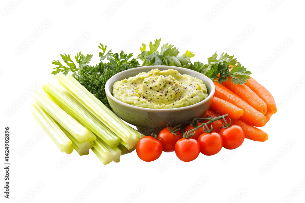 Fresh Vegetable Arrangement with Green Dip and Transparent Background