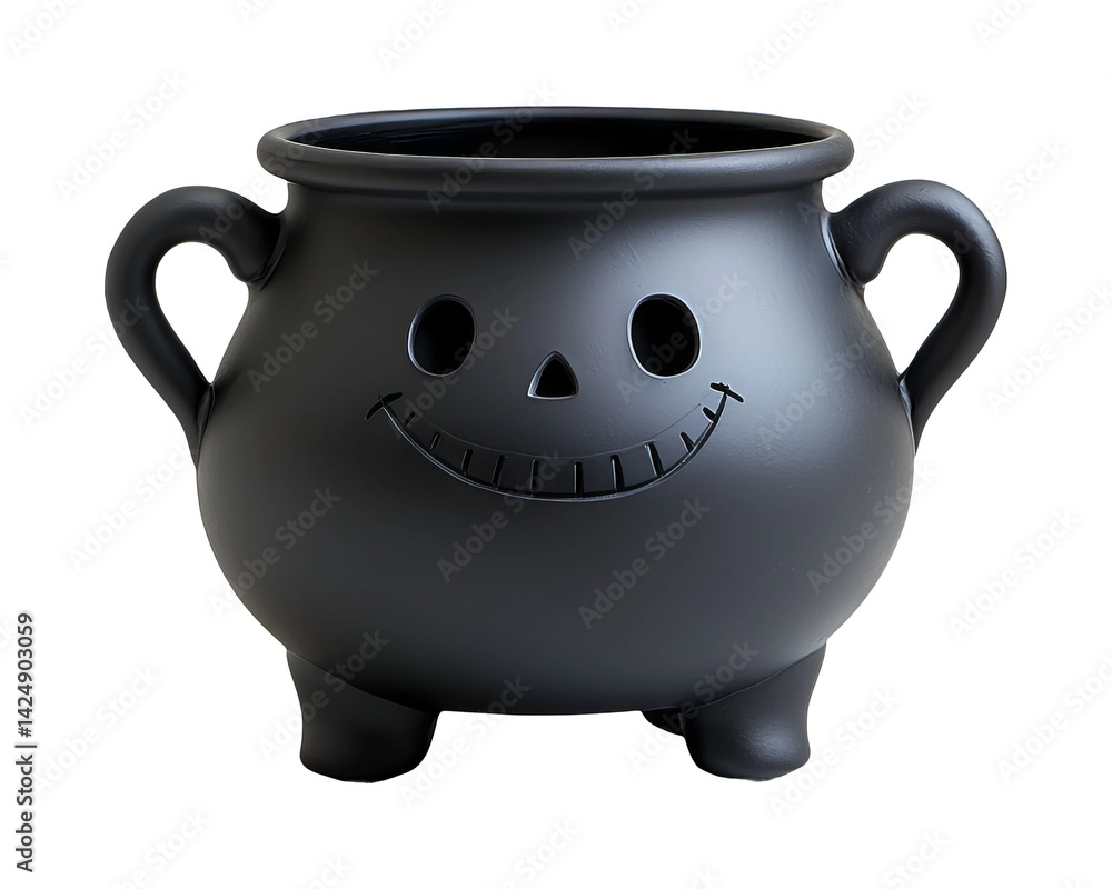 Black Cauldron with Happy Face Design on Transparent Background