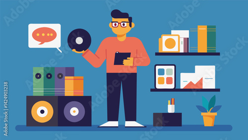 A guest speaker an avid vinyl collector shares their personal collection and stories of their favorite finds. Vector illustration