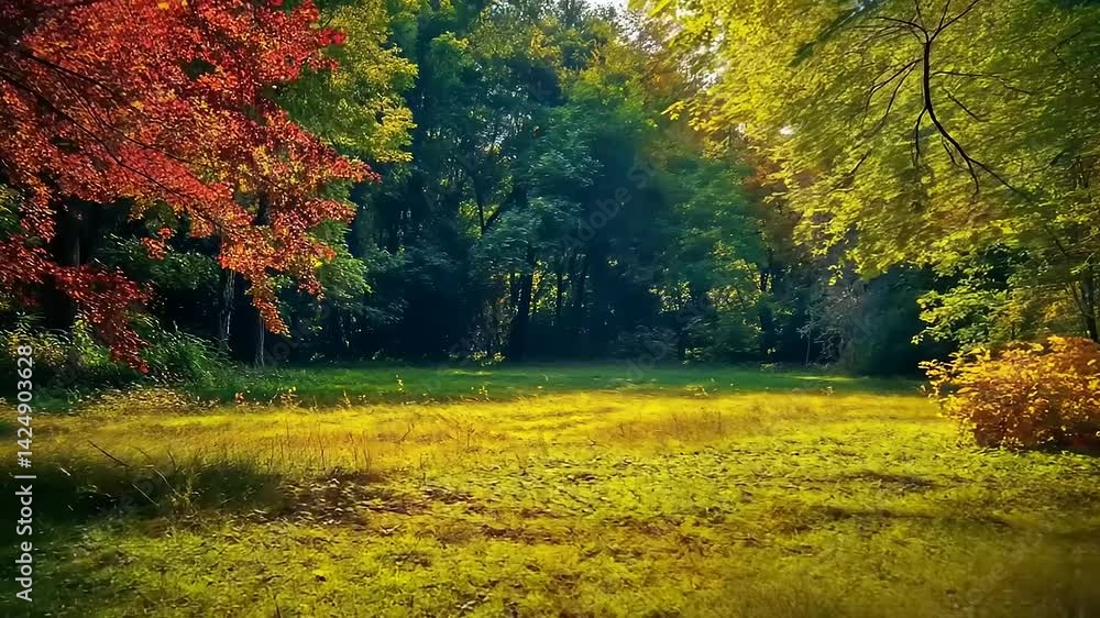 Enchanting Autumnal Vista: A Forest Meadow Bathed in Golden Light and Vibrant Foliage Enchanting Autumnal Vista: A Forest Meadow Bathed in Golden Light and Vibrant Foliage