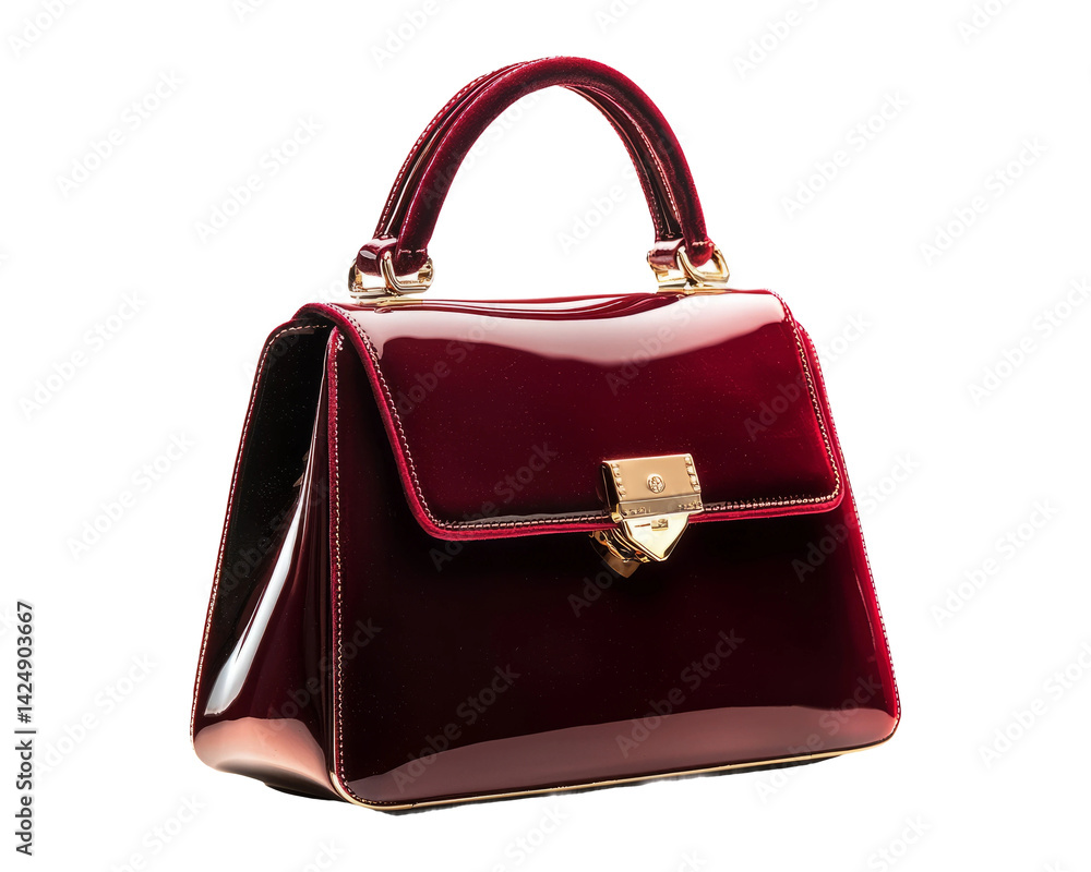Elegant Burgundy Handbag with Glossy Finish and Transparent Background