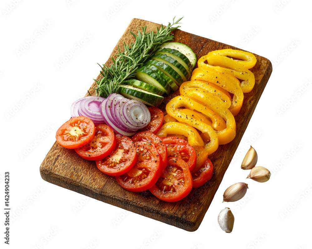 Colorful Fresh Vegetables on Wooden Cutting Board with Transparent Background