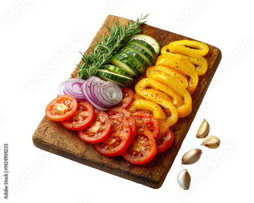 Obraz na płótnie Colorful Fresh Vegetables on Wooden Cutting Board with Transparent Background w salonie