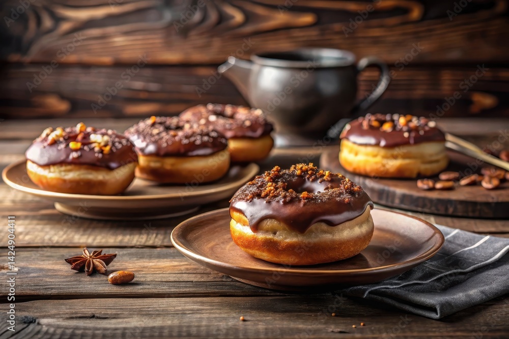 A delectable arrangement of chocolate-glazed donuts adorned with assorted toppings, artfully presented on rustic wooden surface A delectable arrangement of chocolate-glazed donuts adorned with assorted toppings, artfully presented on rustic wooden surface