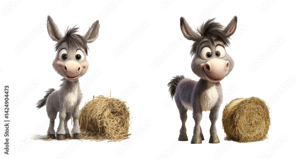 Cute Cartoon Donkeys with Hay Bales on Transparent Background