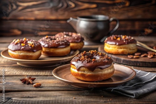 Wallpaper Mural A delectable arrangement of chocolate-glazed donuts adorned with assorted toppings, artfully presented on rustic wooden surface Torontodigital.ca