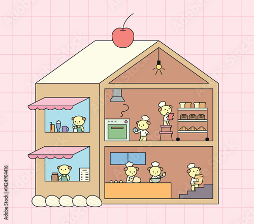Adorable bear characters baking bread and running a bakery inside a cross-section house. Cute pastel illustration perfect for kids and cooking content.